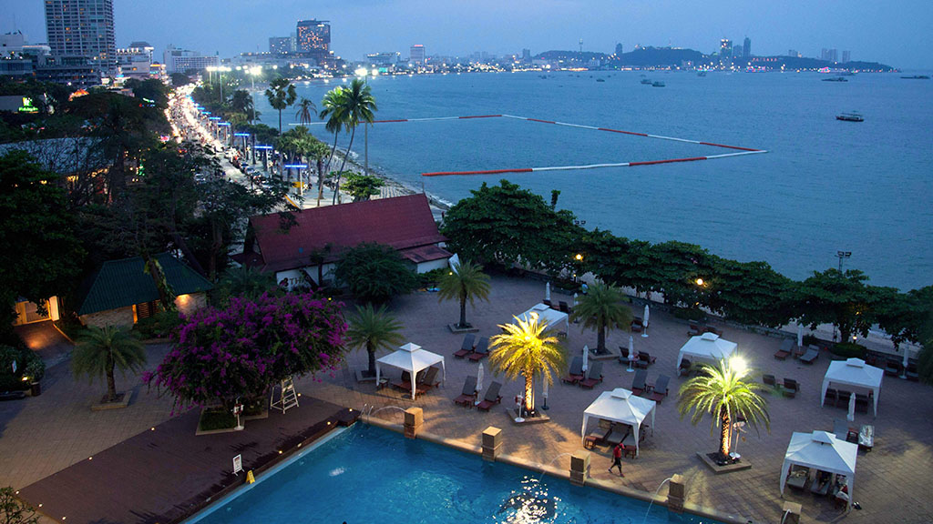 Pattaya Bay by dusk, looking south from Dusit Thani hotel. Copyright John Borthwick